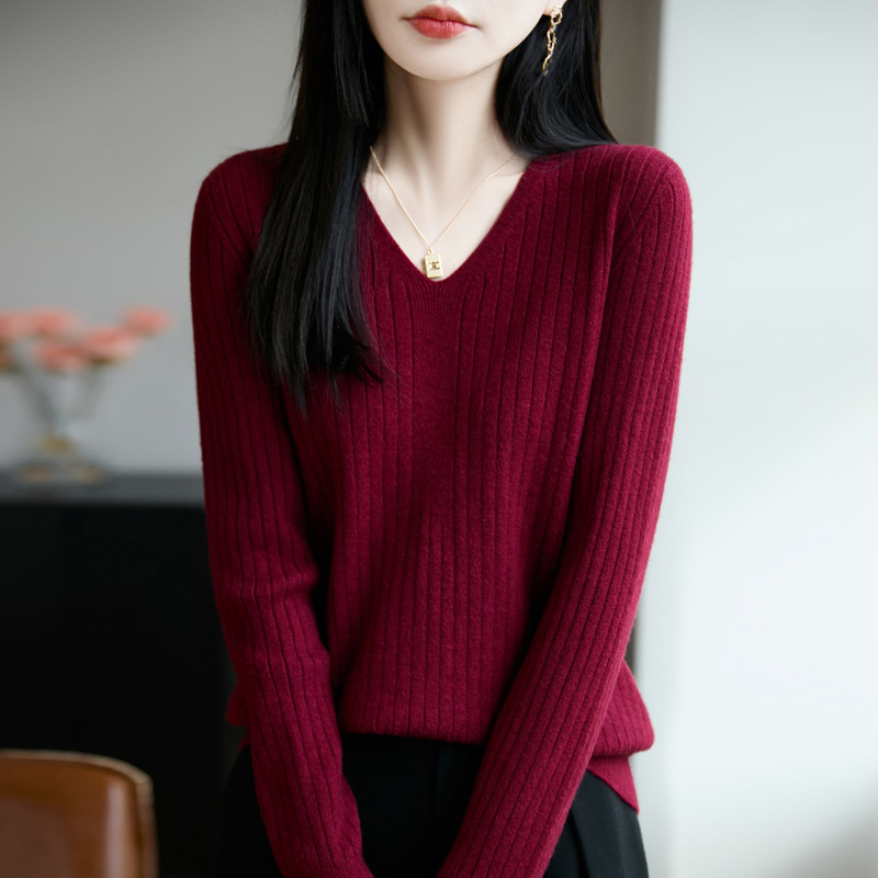 V-Neck Knitwear Women's Autumn and Winter New Long-Sleeved Slim Bottoming Shirt Top Pullover Striped Knitwear Export Wholesale