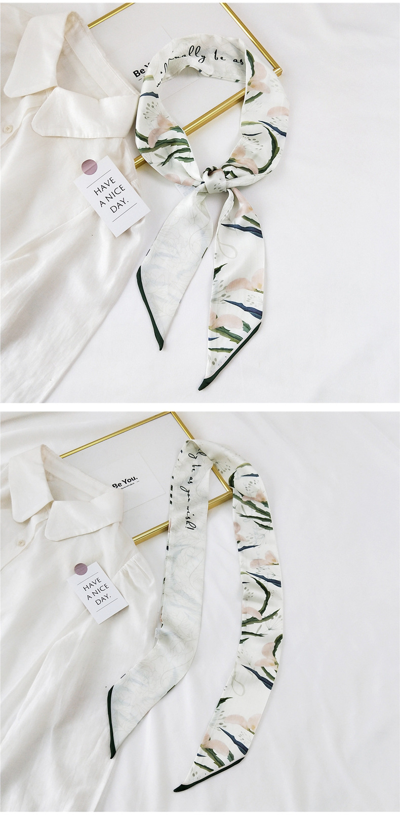 30g Weight Silk Scarf Classification Travel Occasion Unisex Gender Sweet Style White, Red, Green, Blue, Gold Color New Long Korean Style Fashion Printing Silk Scarf 6