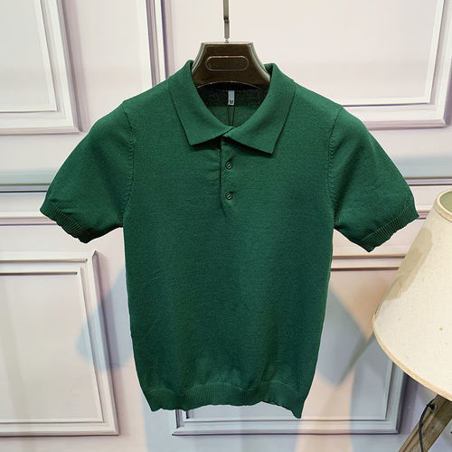 Summer Knit Short Sleeve Men's T-Shirt Korean Style Slim Fit Color Office Button-Down Polo Shirt Fashion Thin Elastic T-Shirt