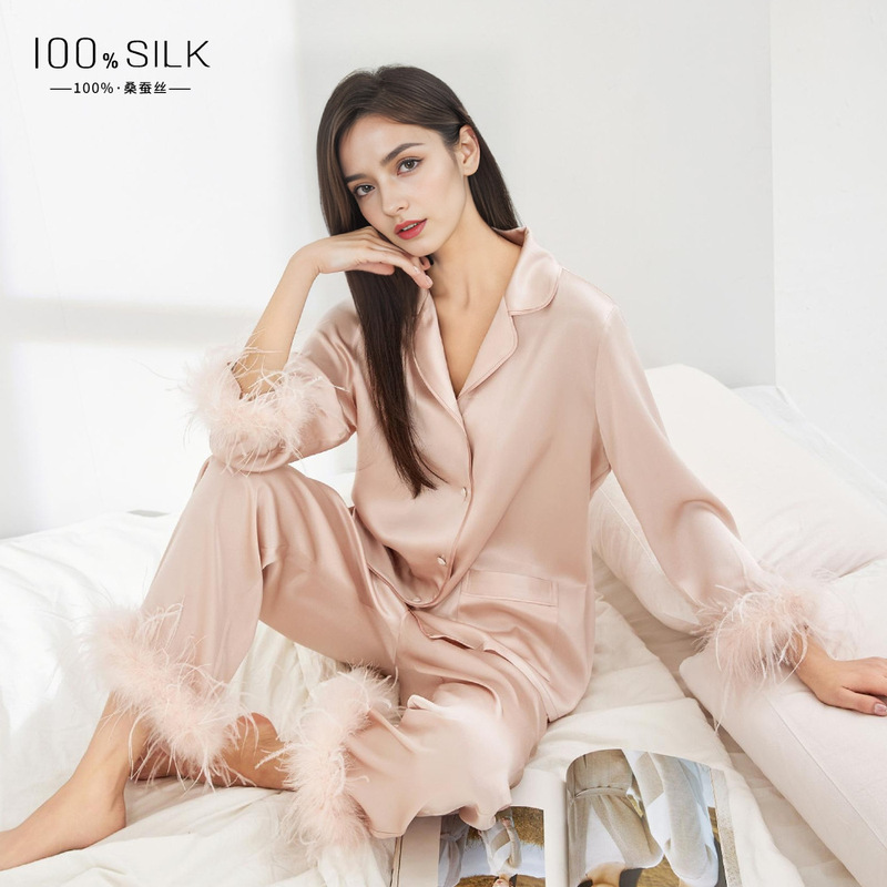 New 19mm Feather-Spliced Silk Pajamas for Women, 100% Mulberry Silk, Suitable for Spring and Summer, Can Be Worn Outside, Home Wear Set