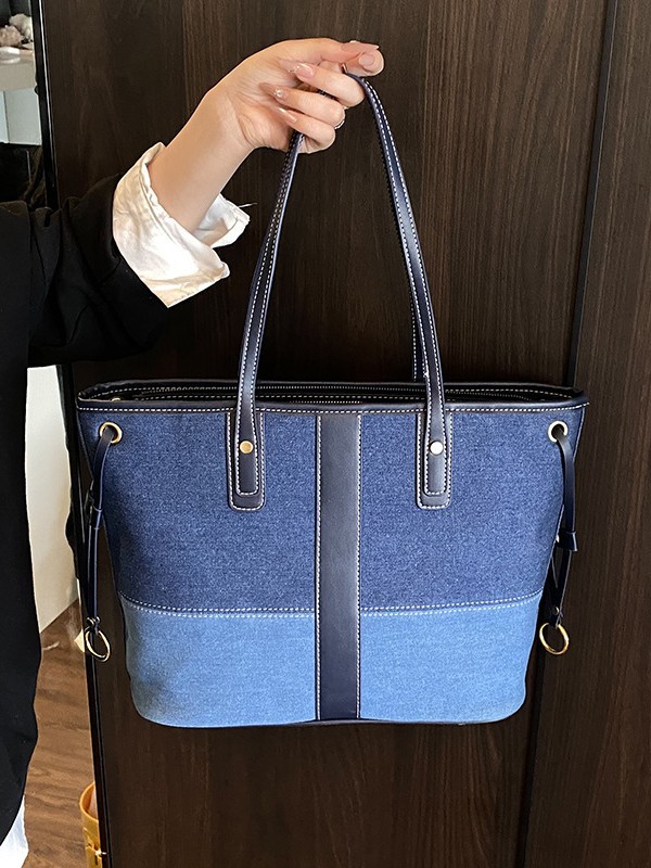 Denim color en contraste retro mano portando bolso Tote femenino transfronterizo nuevo bolso de hombro europeo y americano de gran capacidad con textura
