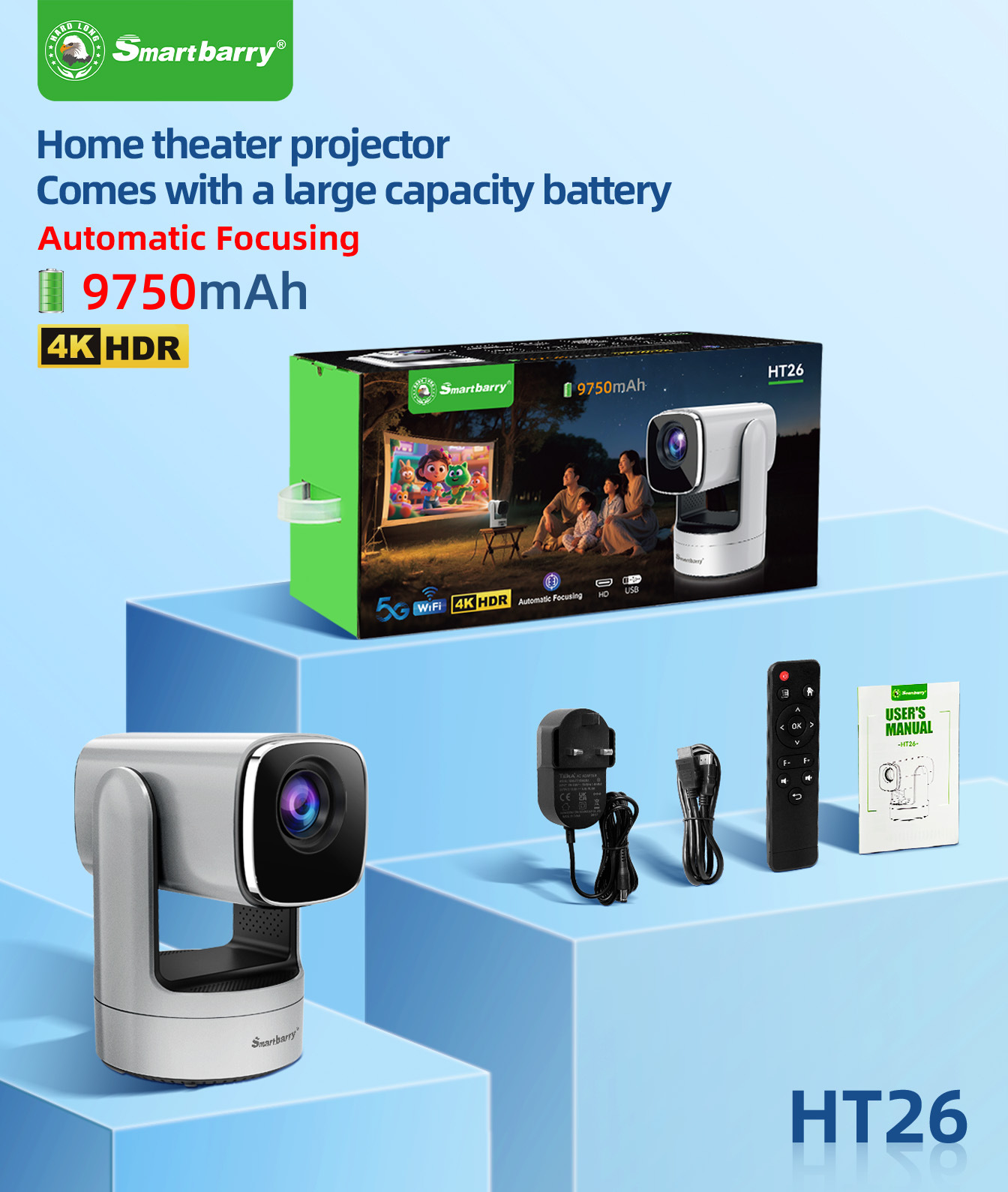 Sınır Ötesi 4K Açık Hava Projektörü Yerleşik Pil WiFi HD Android Akıllı Projector
