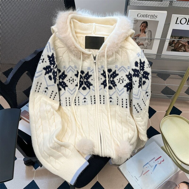 2025跨境美式慵懒高级感毛领连帽毛衣女秋冬季费尔岛针织开衫外套|undefined