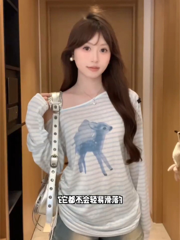 韩版斜肩梅花鹿印花微透长袖T恤女夏宽松休闲百搭慵懒感防晒罩衫|undefined