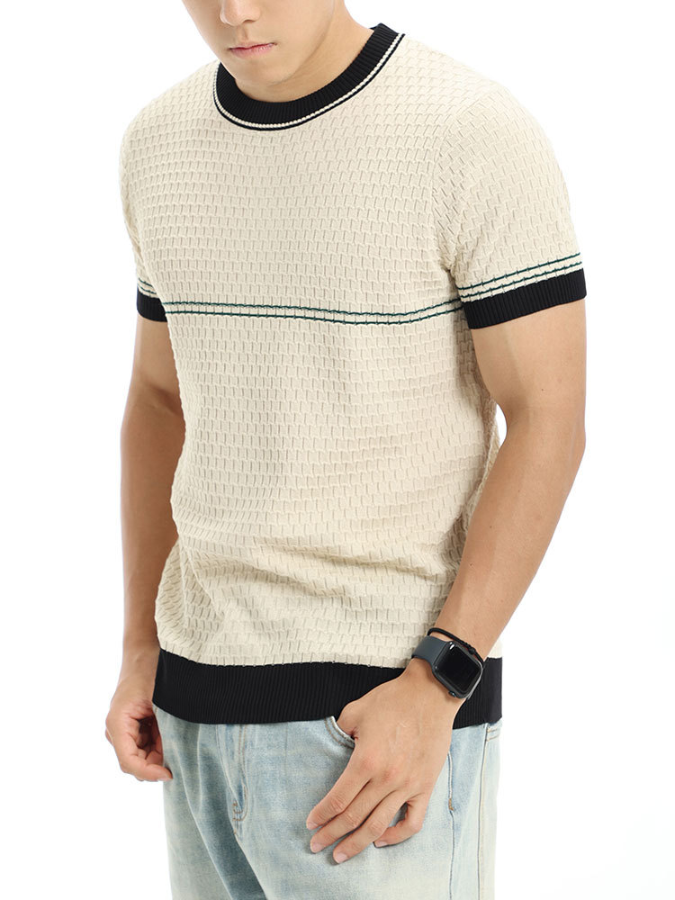 Transfronterizos europeos y americanos de cuello redondo de punto de hielo camiseta de manga corta para hombres de verano delgado color contrastante lujoso ligero de alta calidad ropa de hombre