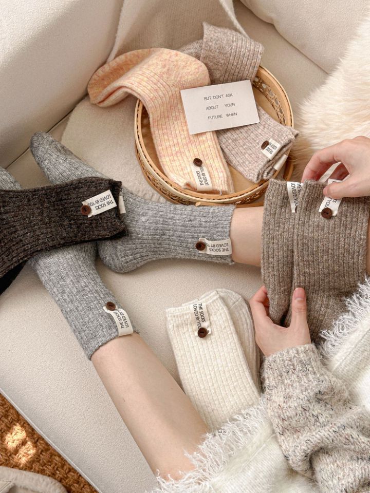 5shuang Button Wool Stockings Children's Medium Tube Socks Solid Color Thickened Warm Versatile Japanese Stacking Socks_voghion.com