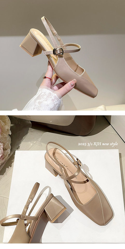 Giày Mary Jane nữ gót thô 3–6 cm mũi vuông quai móc hở gót kiểu Pháp — Màu kaki, Màu trắng be, Màu vàng nhạt chi tiết 15
