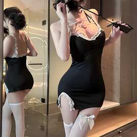 妧泱情趣内衣性感深V带胸垫蕾丝开叉露背诱惑吊带包臂裙套装qqny