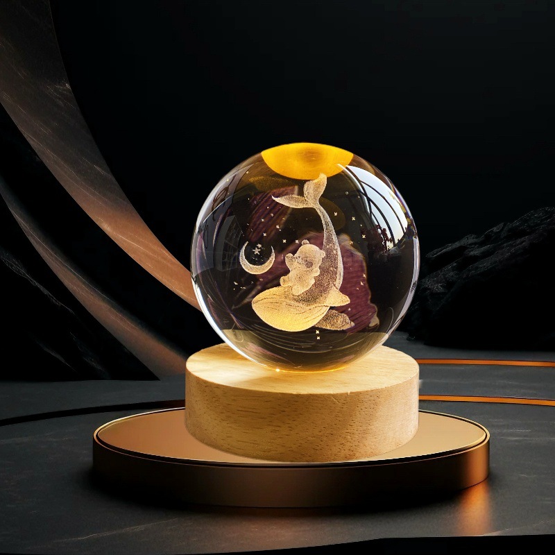 Lámpara de Noche de Cristal con Diseño de Cielo Estrellado 3D, Regalo Navideño, Base Redonda de Madera Luminosa, Lámpara de Mesa, Adorno, Regalo de Navidad