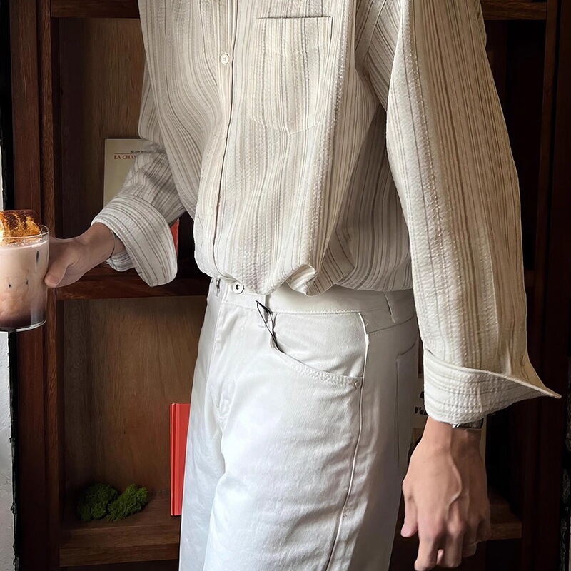 Autumn Striped Long-Sleeved Shirt for Men, Korean Style High-Quality Textured Niche Design, Light and Mature Casual Draped Shirt