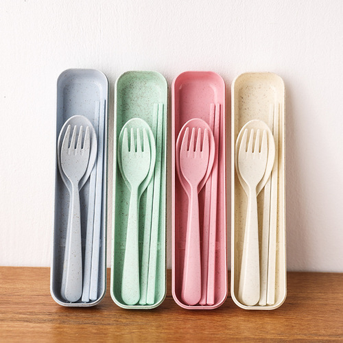 Wheat straw tableware chopsticks fork spoon three-piece set elementary school students cute chopstick box long handle spoon fork