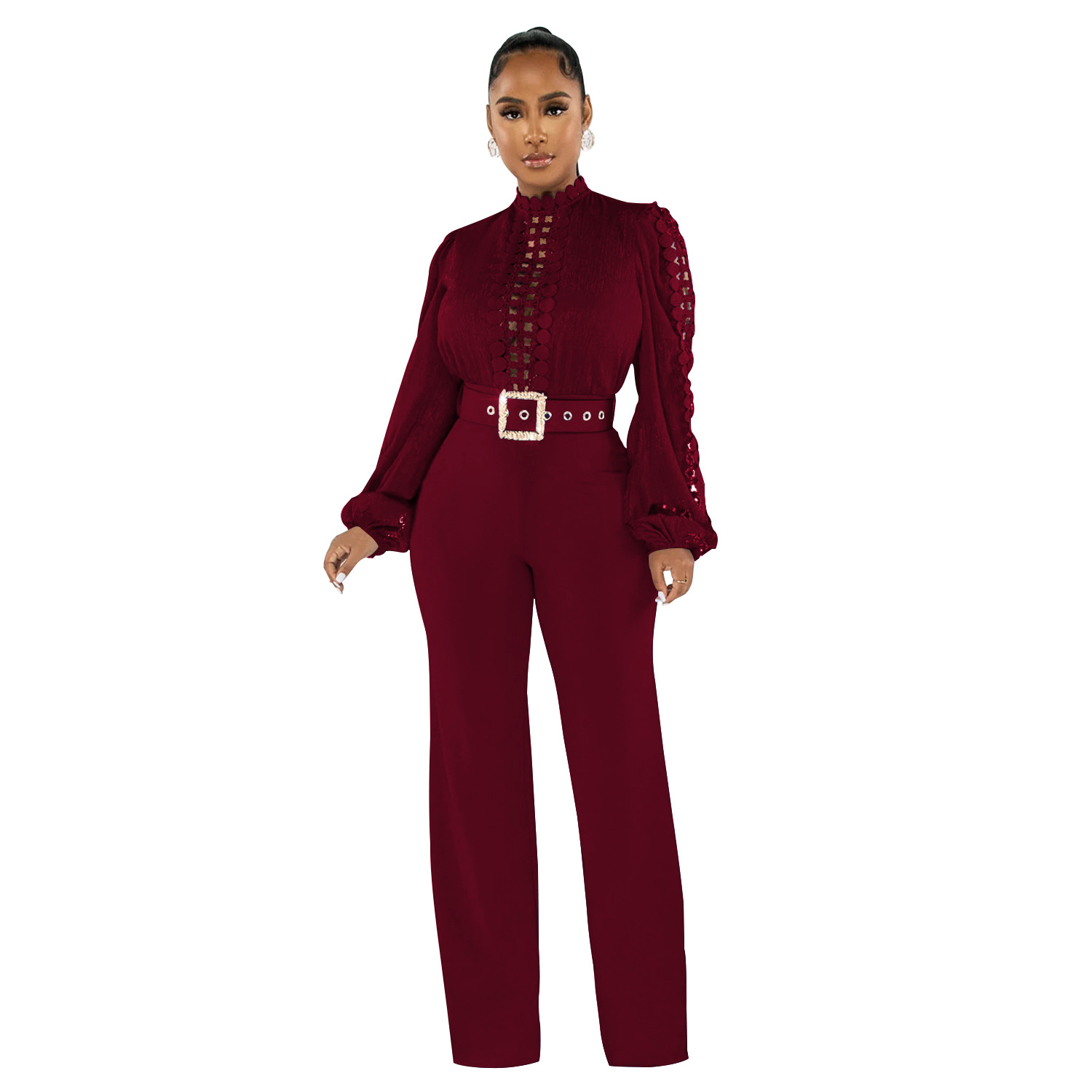 X6345 AliExpress Amazon moda europea y americana de encaje hueco color sólido manga larga pantalones jumpsuit