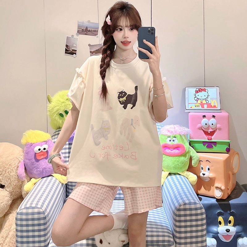 Venta al por mayor transfronteriza nuevos pijamas mujeres verano imitación algodón jersey pantalones cortos de manga corta lindo cachorro traje de servicio a domicilio de dibujos animados