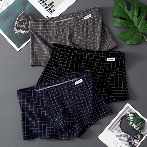 Grid Men's Underpants, Pure Cotton Breathable Square Pants, Youth Boys' Flat Shorts, Head Underwear, Wholesale and Dropshipping