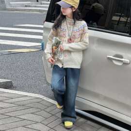 女童毛衣套装春秋2026新款儿童针织衫开衫外套牛仔裤两件套