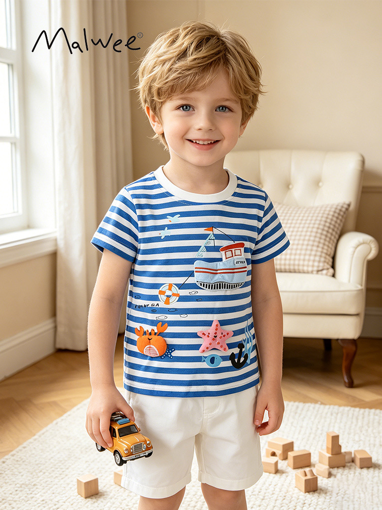 Malwee transfronterizo nueva camiseta de ropa para niños delgada absorción de sudor piel a rayas lindas camisas casuales para niños