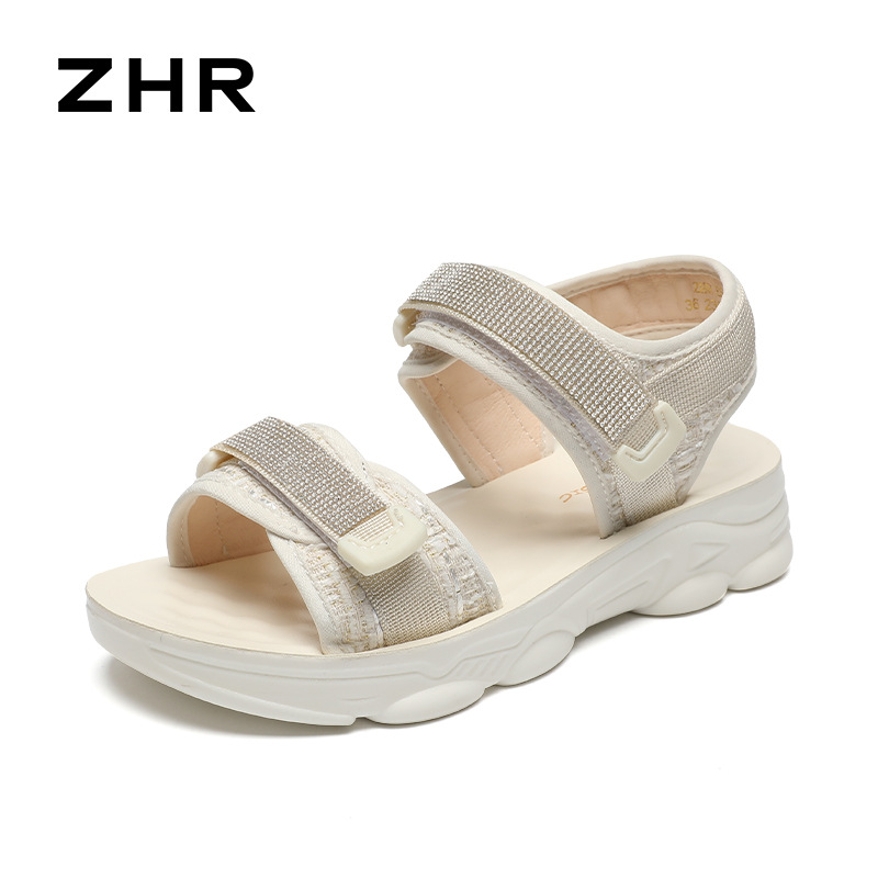 Sandal nữ đế dày quai dán đính đá phong cách thể thao — ES58 Màu be