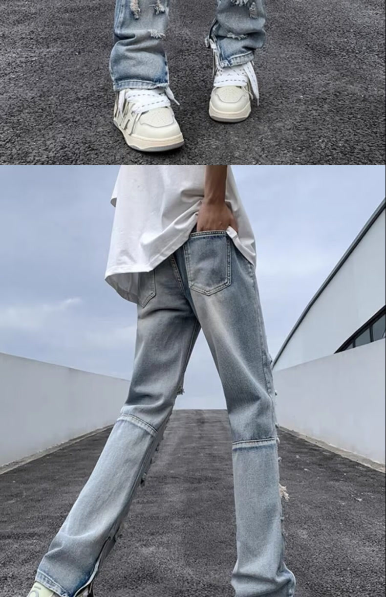 boy Style Vibe Trendy Brand European And American Ins High Street Ripped Jeans Men's Zipper Split Beggar Pants_viptrois.com