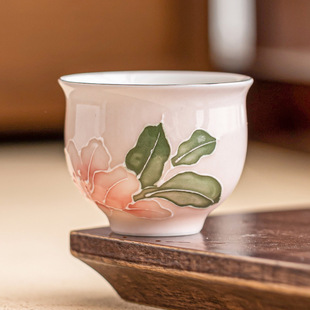 Hand-Painted Carved Pink Lily Ceramic Tea Cup Tea Cup Chinese Style Small Tea Cup Household High-End Master Cup Single Cup