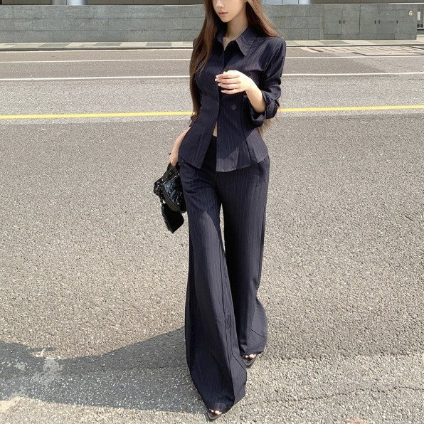 御姐高级感套装气质polo领长袖条纹衬衫女秋季微喇叭休闲裤两件套|undefined