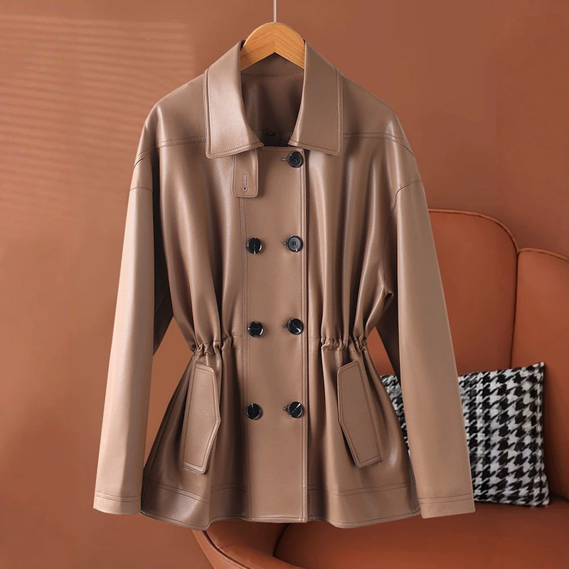 Cross-Border Hot-Selling Sheepskin Coat Mid-Length Trench Coat for Women 2026 Autumn Classic Lapel Double-Breasted Coat Trendy