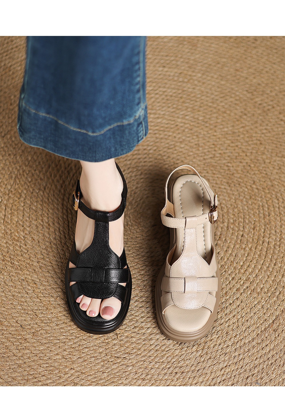 Sandal nữ mũi vuông hở mũi da cừu gót vuông cao 9 cm quai chữ T kiểu La Mã — đen chi tiết 2