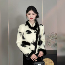 气质时尚女冬季短毛呢外套百搭洋气半裙复古新中式套装上衣裙子