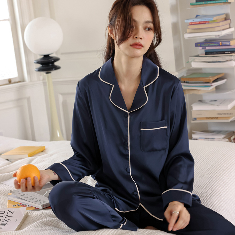 Classic Simple Long-Sleeved Pajamas for Women, Spring and Autumn New Thin Ice Silk Solid Color Couple's Home Wear, Can Be Worn Outside, Women's Summer