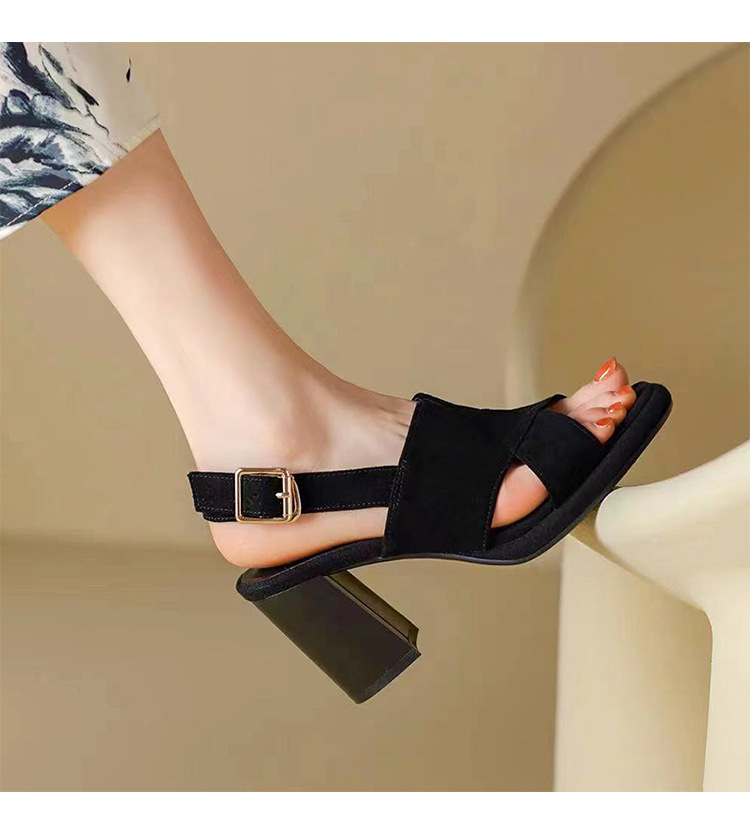 Sandal cao gót da cừu nữ mũi hở gót 7 cm đế dày chống thấm — Màu đen gót 7cm chi tiết 3