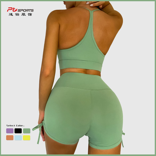 European and American tight-fitting yoga wear sports bra high-waisted nude running pants hip lifting fitness drawstring shorts winter