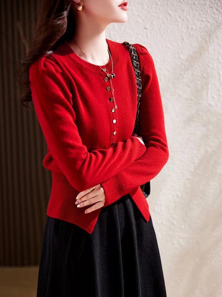 Spring woolen thin cardigan with a round collar