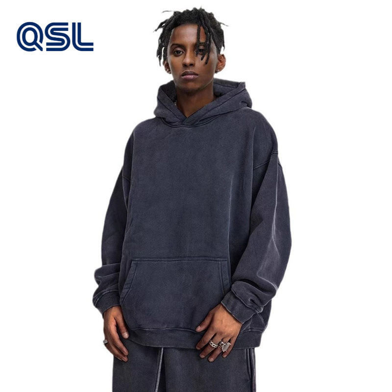 2026 Autumn/Winter Heavyweight Fleece-Lined Thickened European and American Retro Cross-Border Washed Sweatshirt Men's Trendy Sports Hoodie Men's Hooded Sweatshirt