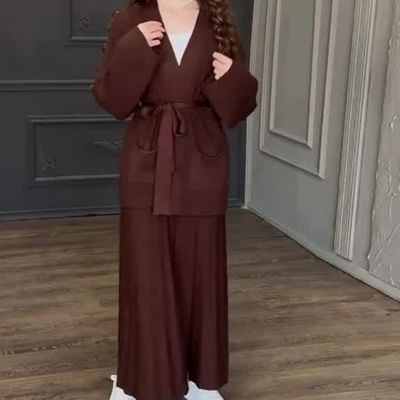 欧美跨境外贸2025春季宽松绑带口袋V领开衫外套舒适半身裙套装女|undefined