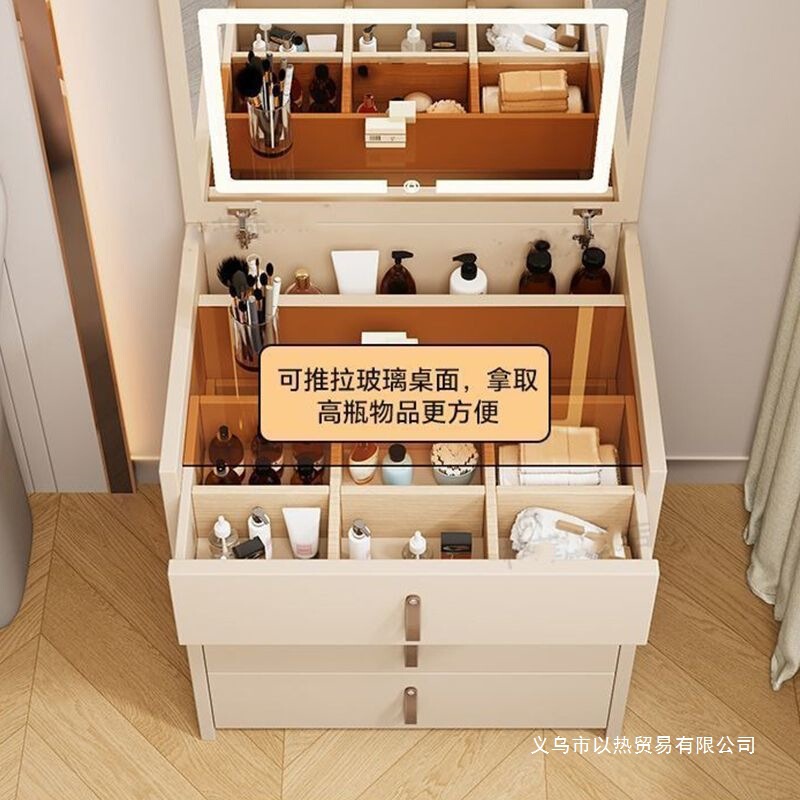 Dressing Table Flip-Top Dressing Table Flip-Top Bedroom Makeup Mirror Stool with Wheels Integrated Makeup Bedside Table Storage Cabinet