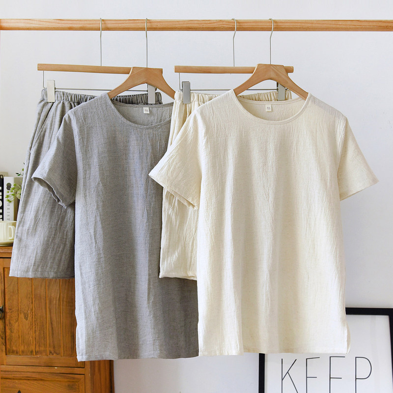 Summer men's cotton-linen pajamas, thin linen short-sleeve shorts set, Japanese-style simple home wear, can be worn outside, plus size