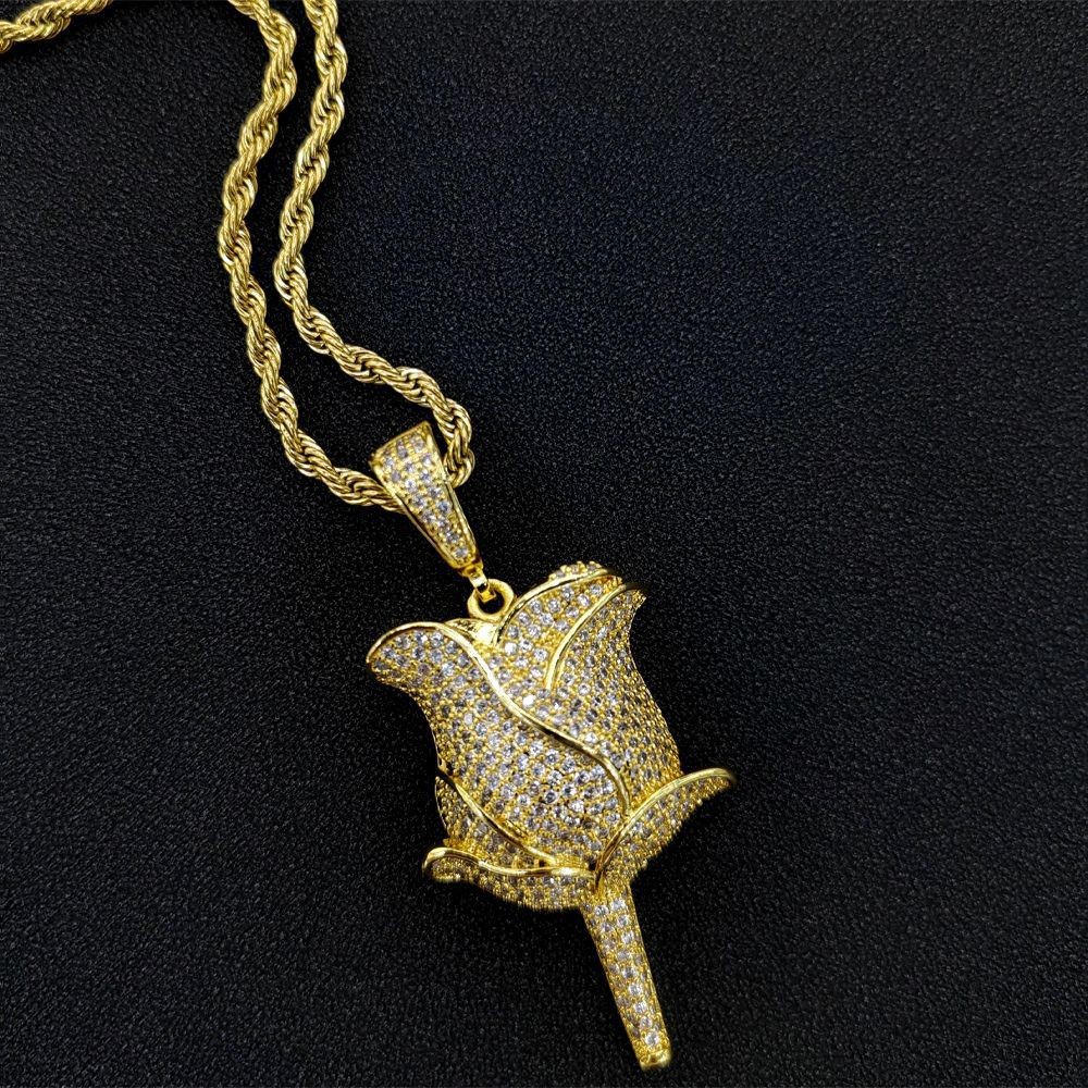 Ciondolo unico con fiori di rosa, squisito micro intarsio in rame con zirconi, elegante collana da donna, gioielli classici_voghion.com