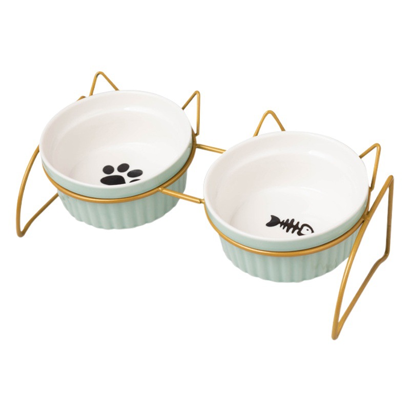 Fábrica al por mayor de cerámica gato comida tazón cuello protección diseño bebedero gato arroz tazón doble tazón antidetonante perro tazón de comida