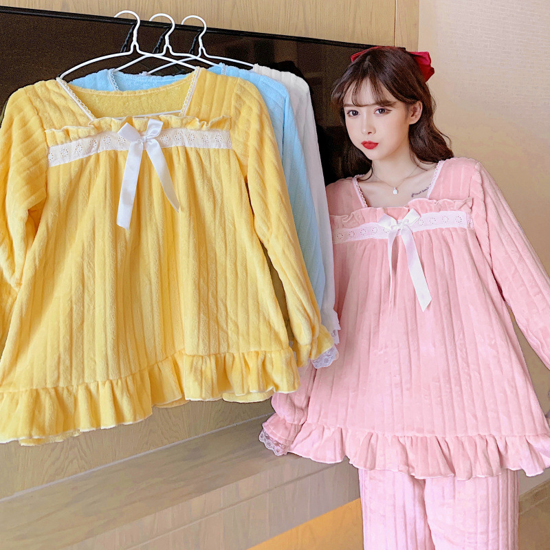 Sweet Girl Pink pijamas otoño e invierno cálido simple ropa para el hogar nuevo traje de terciopelo coral de terciopelo azul forrado de lana gruesa