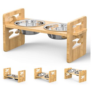 Bamboo Wood adjustable height cat and dog feeding rack cat bowl rack feeder pet bowl stainless steel food rack anti-knock