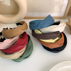 復古純色Pu皮質寬交叉頭箍女百搭外出發箍簡約洗臉髮帶壓發頭飾潮