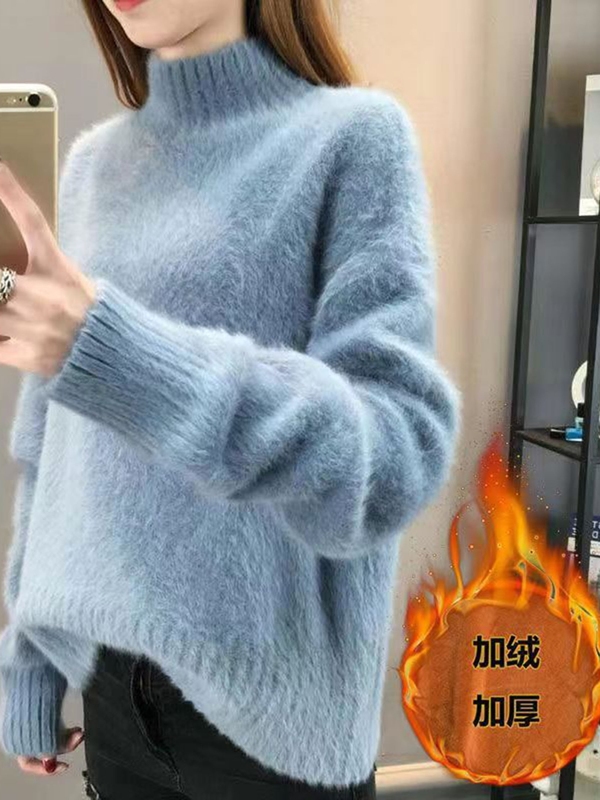 半高领毛衣女水貂绒秋冬季新款加绒加厚针织衫套头上衣宽松打底衫|undefined