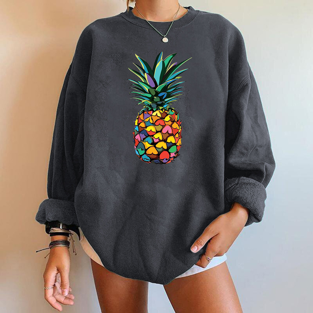 women s round neck dropped shoulder loose pineapple print fleece sweatershirt nihaostyles wholesale clothing NSYUM79731