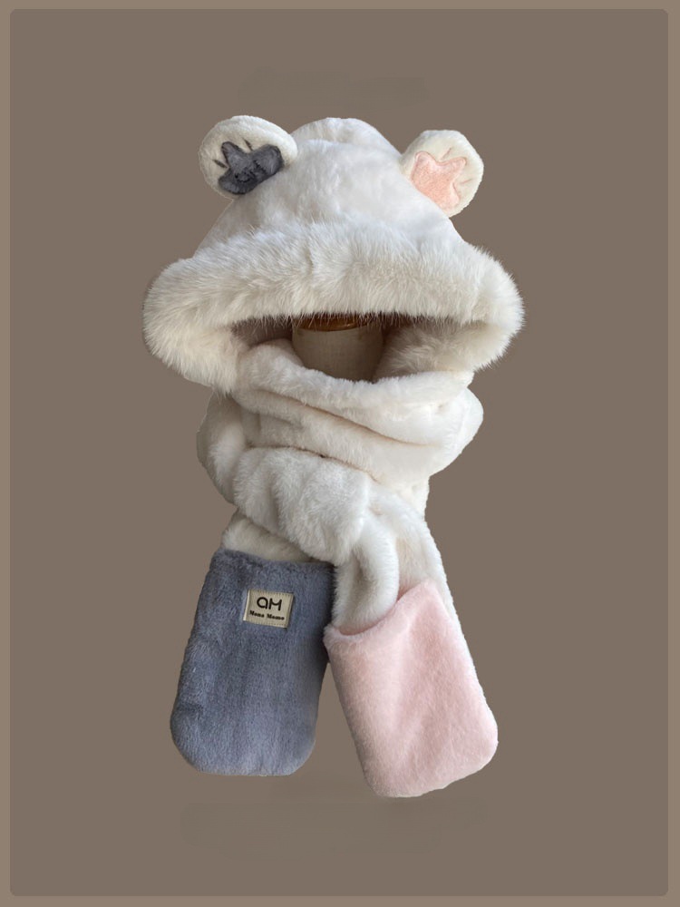 Añadir vello grueso lindos sombrero bufandas de oso en un conjunto de dos piezas para mujeres otoño y invierno nuevo buñuelo de peluche cálido con sombrero