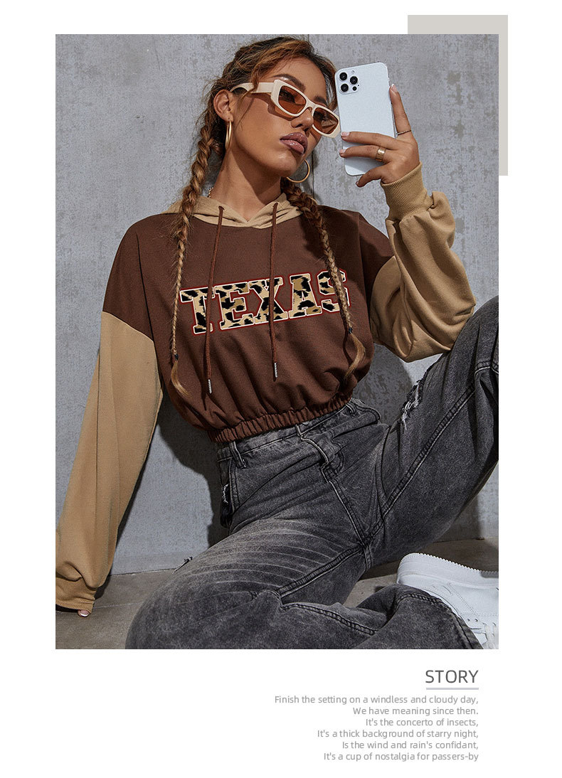 Felpa con cappuccio corta stampata autunno 2024, casual, corta, patchwork, per donna_voghion.com