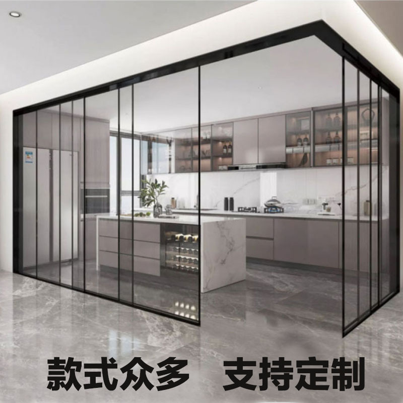 Aluminum Alloy Sliding Door with Three or Four Panels, Glass Door with Hanging Rail, Sliding Door with Floor Track, Kitchen Door, Modern Minimalist Tempered Glass Aluminum Alloy Sliding Door with Three or Four Panels, Glass Door with Hanging Rail, Sliding Door with Floor Track, Kitchen Door, Modern Minimalist Tempered Glass