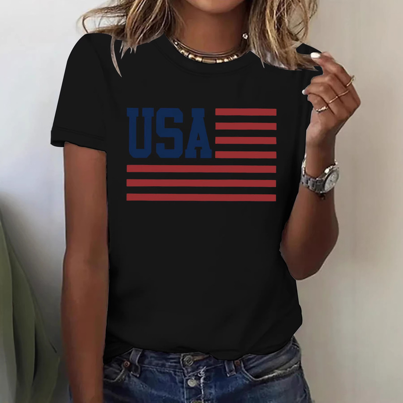 Women's Short-Sleeve T-Shirt with American Flag Print for Independence Day, Patriotic Theme, Round Neck, Summer High-End Style Women's Short-Sleeve T-Shirt with American Flag Print for Independence Day, Patriotic Theme, Round Neck, Summer High-End Style