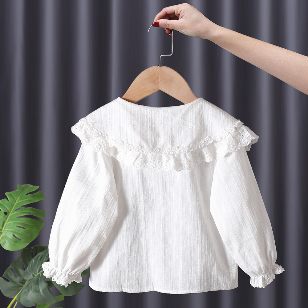 Camisa de encaje con solapa para niña, primavera y otoño 2025, nueva ropa infantil, blusas para bebé, camisa blanca de algodón para niña