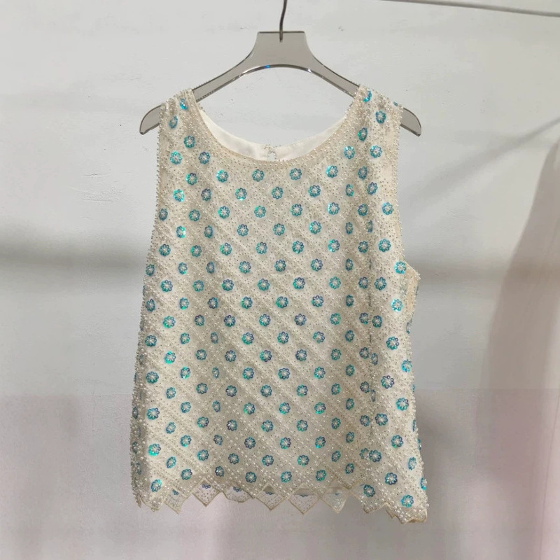 Handmade Beaded Sequin Sleeveless Vest for Women, Blue Floral Mesh Embroidered Round Neck Top, Light Luxury Socialite Style Outerwear