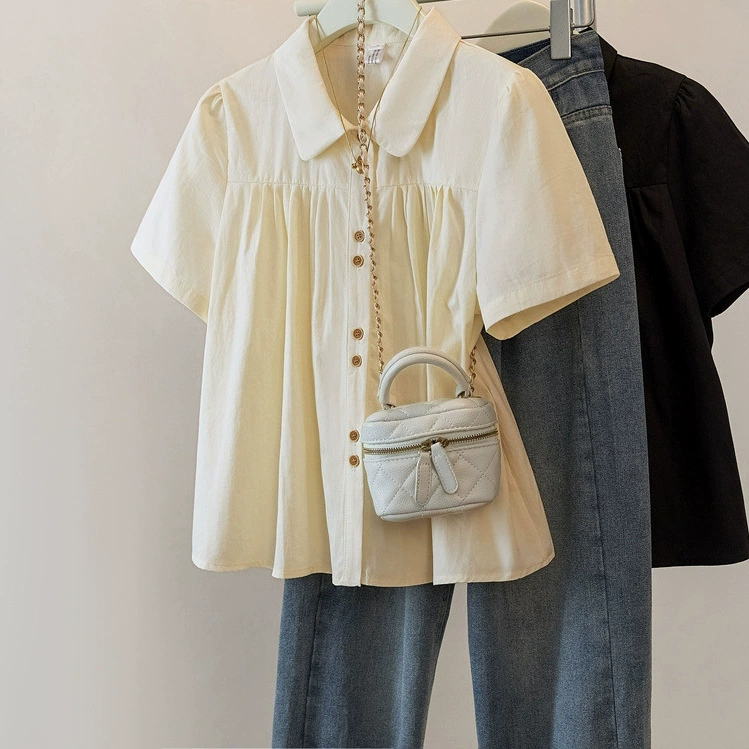 Готовая милая женская рубашка с короткими рукавами и воротником куклы, летний короткий однобортный топ в студенческом стиле абрикосового цвета