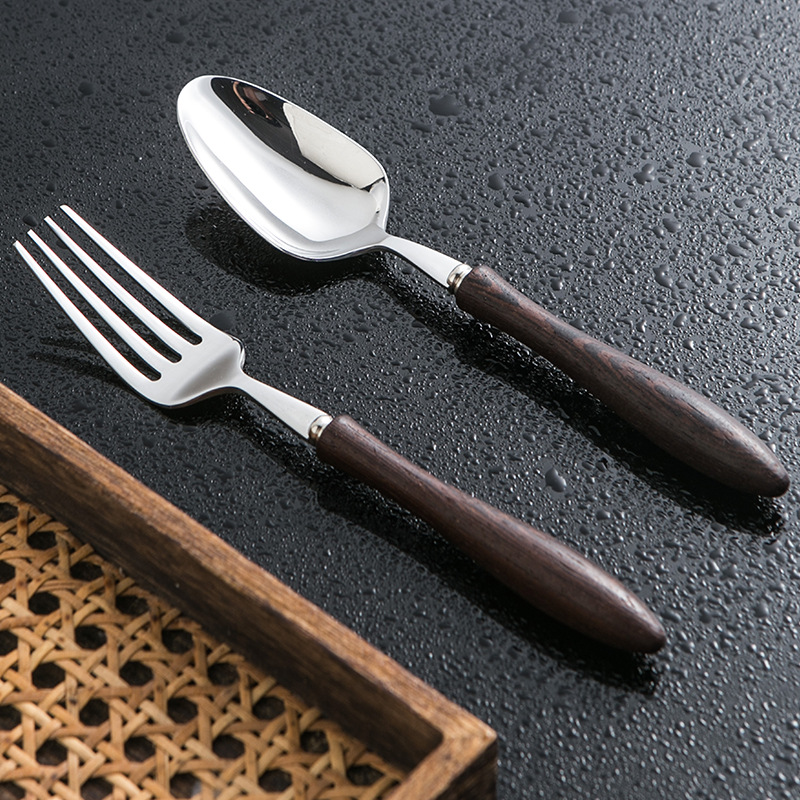 Korean Retro Wooden Handle Sus304 Stainless Steel Tableware Knife, Fork, Spoon, Dessert Spoon Set Tableware